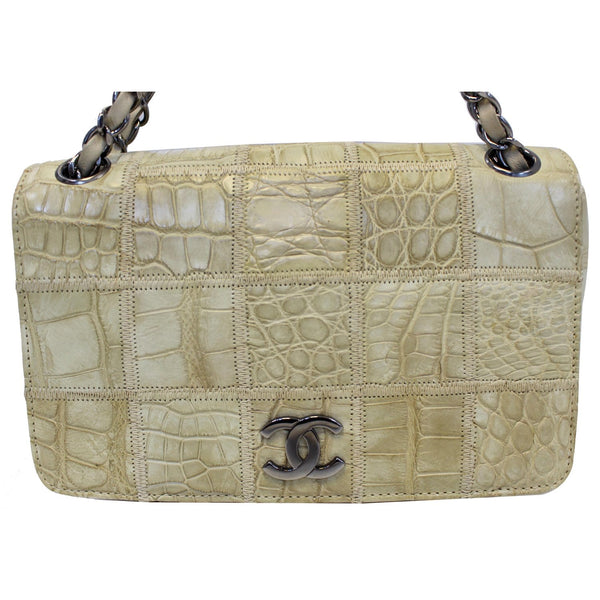 CHANEL Crocodile Quilted Classic Flap Shoulder Bag Beige