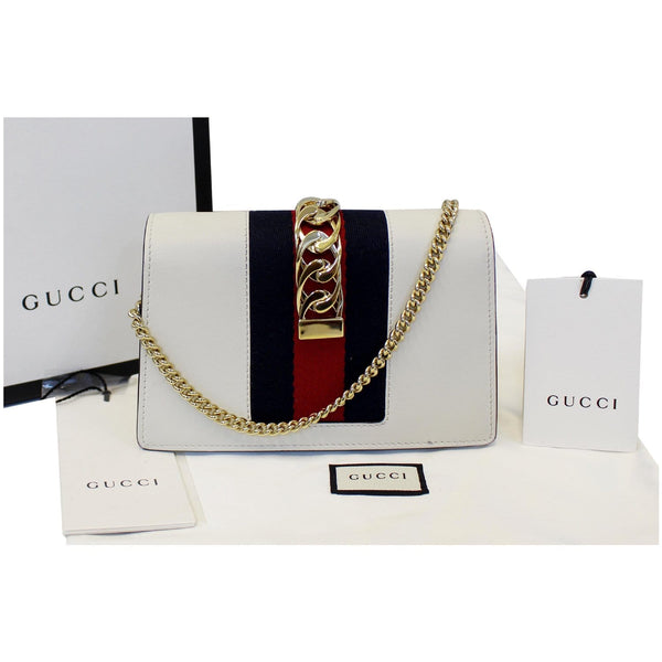GUCCI Super Mini Sylvie Calfskin Leather Chain Crossbody Bag White