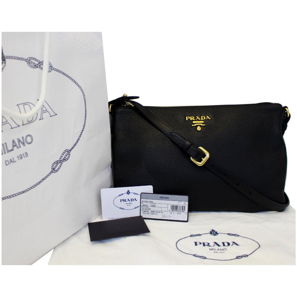 Prada Vitello Daino Leather Crossbody Bag Black front view