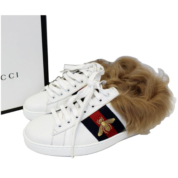 GUCCI New Ace Lamb Fur Lace Up Sneakers White