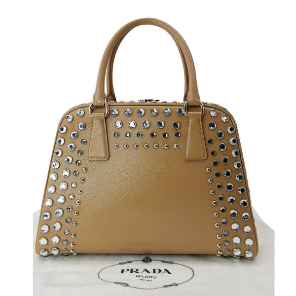 PRADA Vernice Crystal Small Frame Studded Saffiano Leather Top Handle Bag Beige