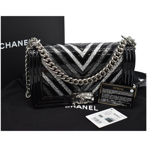 CHANEL Medium Boy Chevron Patent Glitter PVC Shoulder Bag Black