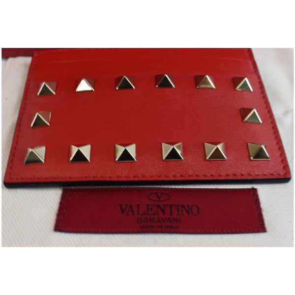 VALENTINO Garavani Rockstud Leather Card Holder Red