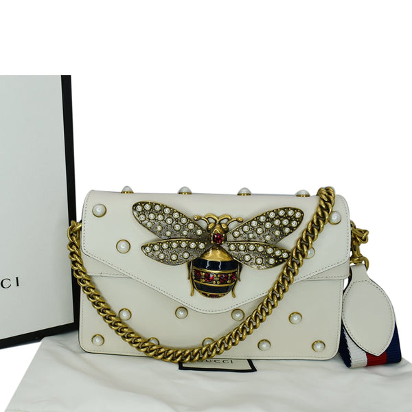 Gucci Broadway Pearl Bee Leather Crossbody Bag White