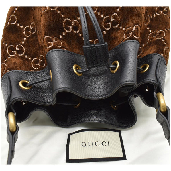 GUCCI GG Monogram Web Velvet Bucket Bag Brown 574960