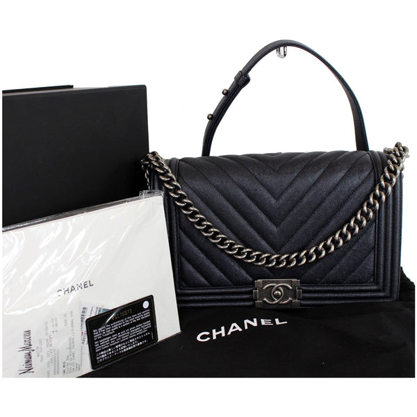 Chanel Boy New Medium Chevron Caviar Shoulder Bag Navy