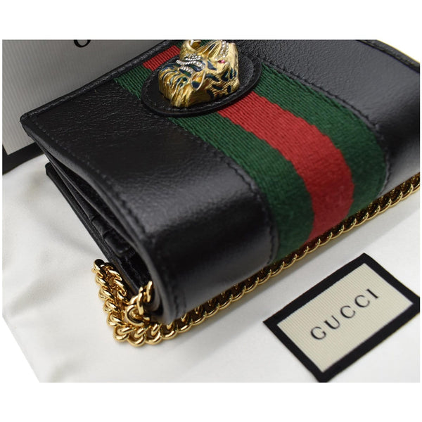Gucci Rajah Web Leather Card Case Chain Wallet Black