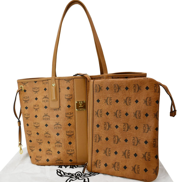 MCM Reversible Liz Medium Visetos Canvas Shopper Tote Bag Cognac