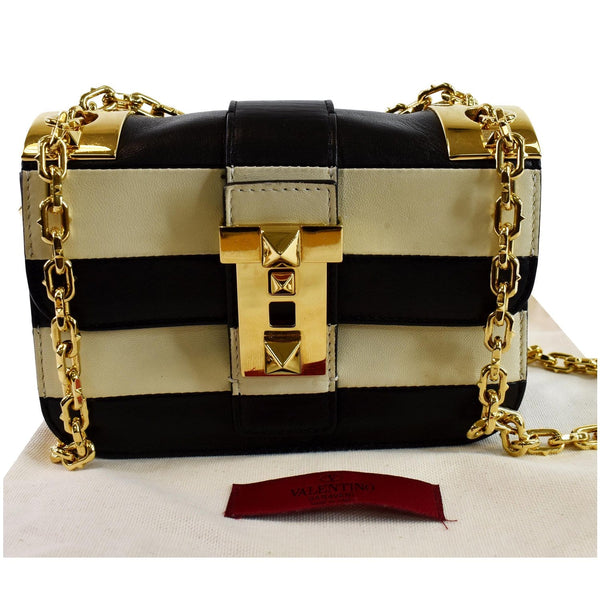 VALENTINO Striped B Rockstud Leather Shoulder Bag Ivory