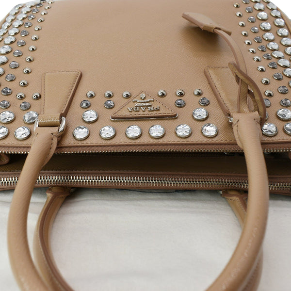 PRADA Women Vernice Crystal Studded Saffiano Leather Top Handle Shoulder Bag Beige