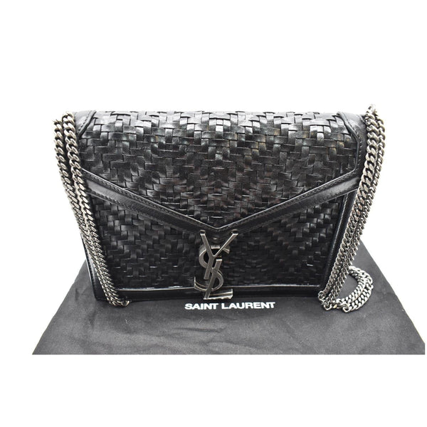 YVES SAINT LAURENT Cassandra Medium Woven Leather Chain Shoulder Bag Black