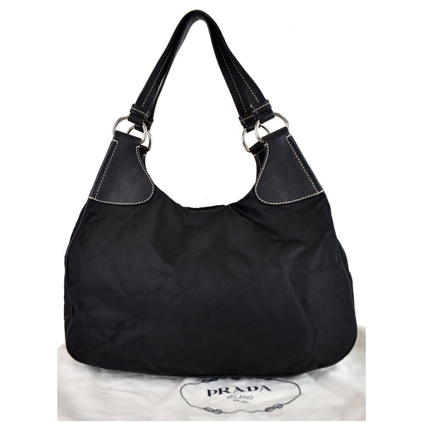 PRADA Nylon Leather Strap Hobo Bag Black