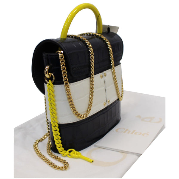 CHLOE Aby Lock Small Embossed/Calfskin Leather Chain Shoulder Bag Navy Blue