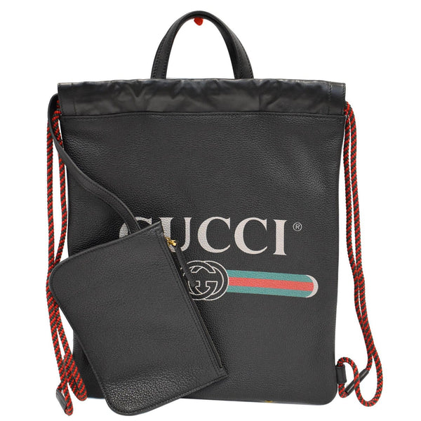 GUCCI Logo Print Calfskin Leather Drawstring Backpack Bag Black 523586