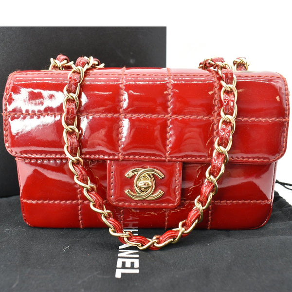 CHANEL Chocolate Bar Small Patent Leather Flap Shoulder Bag Red