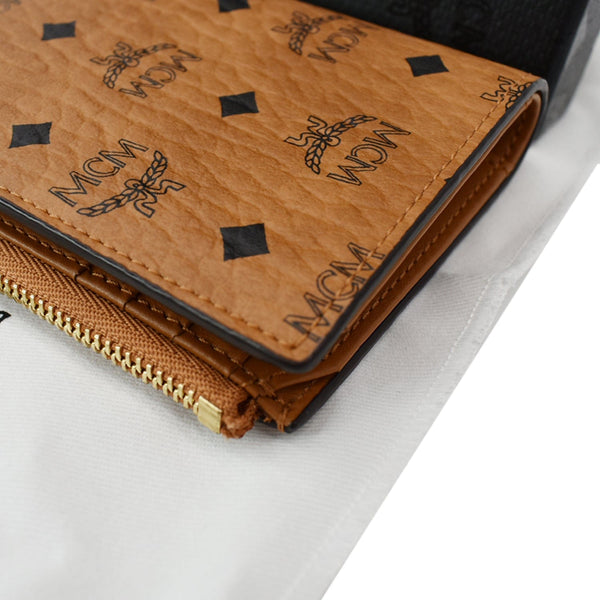 MCM Bifold Visetos Leather Zip Card Wallet Cognac