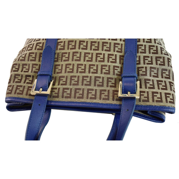 FENDI Zucchino Print Canvas Leather Tote Bag Blue/Brown