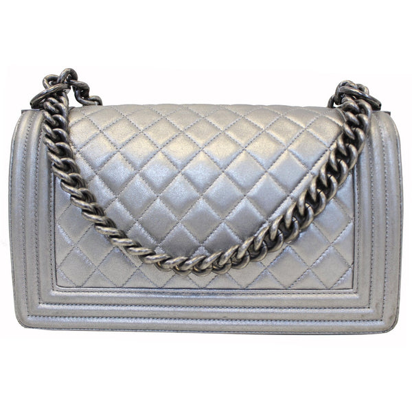 CHANEL Boy Medium Lambskin Leather Embroidered Shoulder Bag Silver-US