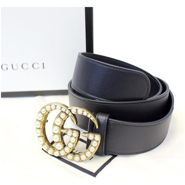 GUCCI Pearl Double G Black Leather Belt Size 100.40 Black