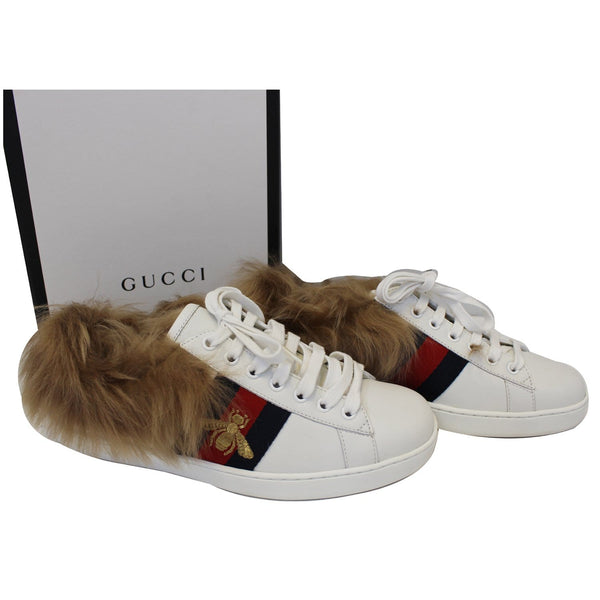 GUCCI New Ace Lamb Fur Lace Up Sneakers White