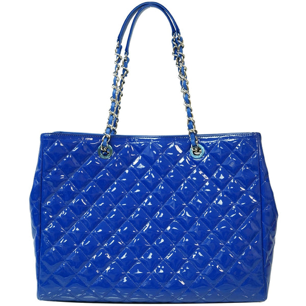 CHANEL Large Coco Shine Patent Quilted Leather Shopping Tote Blue