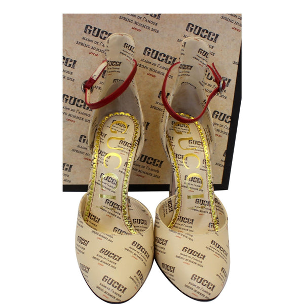 Gucci Invite Stamp Print Apollo Pumps Beige Size 38 for sale