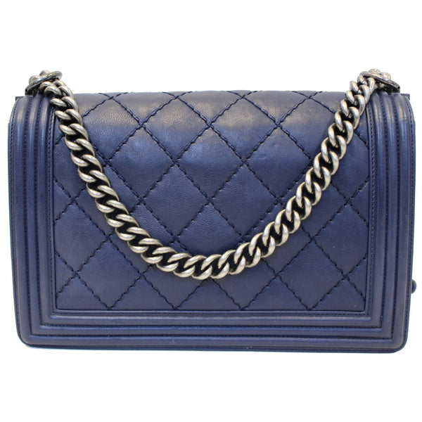Chanel New Medium Boy Flap Calfskin Double Stitch Bag Navy with chain