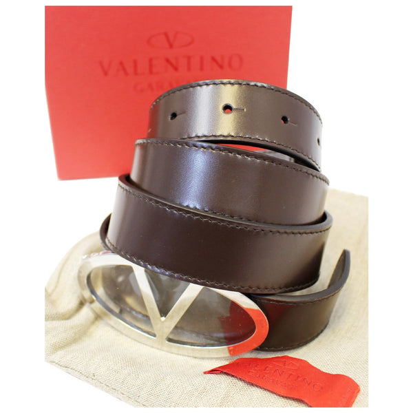 Valentino Logo Dark Brown Leather Belt Size 36-US