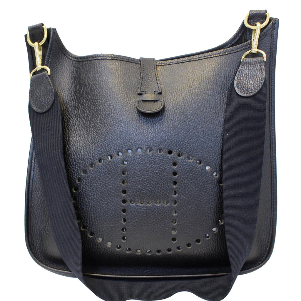 Hermes Evelyne GM Taurillon Clemence Shoulder Bag Black Embossed Leather  Used