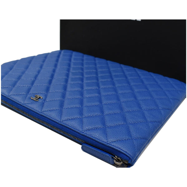 CHANEL Caviar Leather Large O-Case Zip Pouch Blue