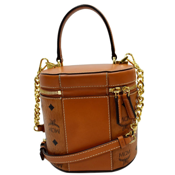 MCM Small Cylinder Visetos Monogram Leather Crossbody Bag Cognac
