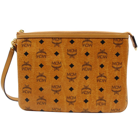 MCM Visetos Monogram Coated Canvas Wristlet Zip Pouch Cognac