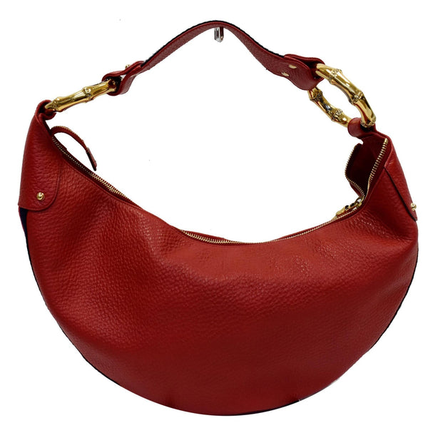 GUCCI Pebbled Leather Bamboo Ring Hobo Bag Red 131036