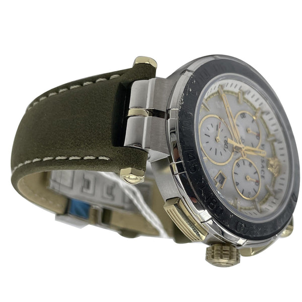 VERSACE Greca Chronograph Leather Date Watch Silver Dial 45MM
