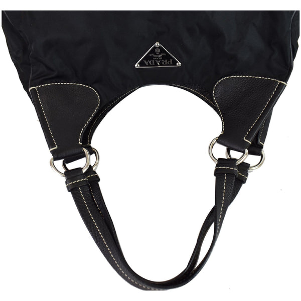 PRADA Nylon Leather Strap Hobo Bag Black