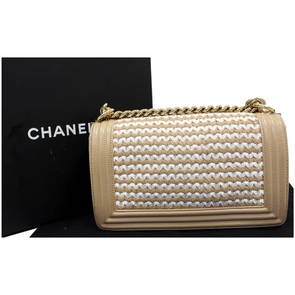 CHANEL BOY Braided Lambskin Leather Shoulder Bag Beige