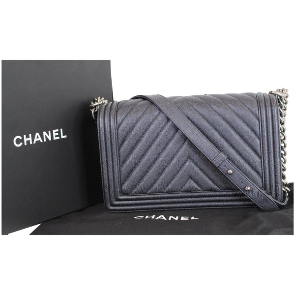 Chanel Boy New Medium Chevron Caviar Shoulder Bag Navy