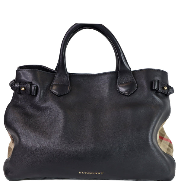 BURBERRY House Check Medium Banner Calf Leather Tote Bag Black