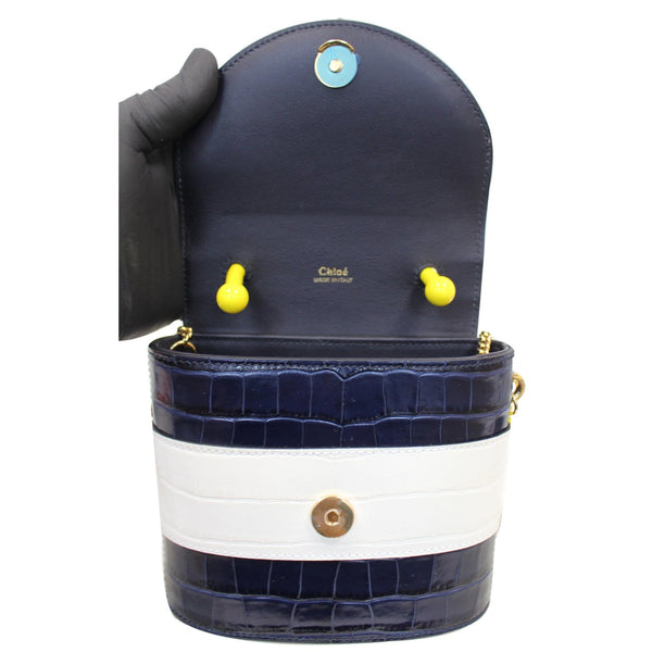 CHLOE Aby Lock Small Embossed/Calfskin Leather Chain Shoulder Bag Navy Blue