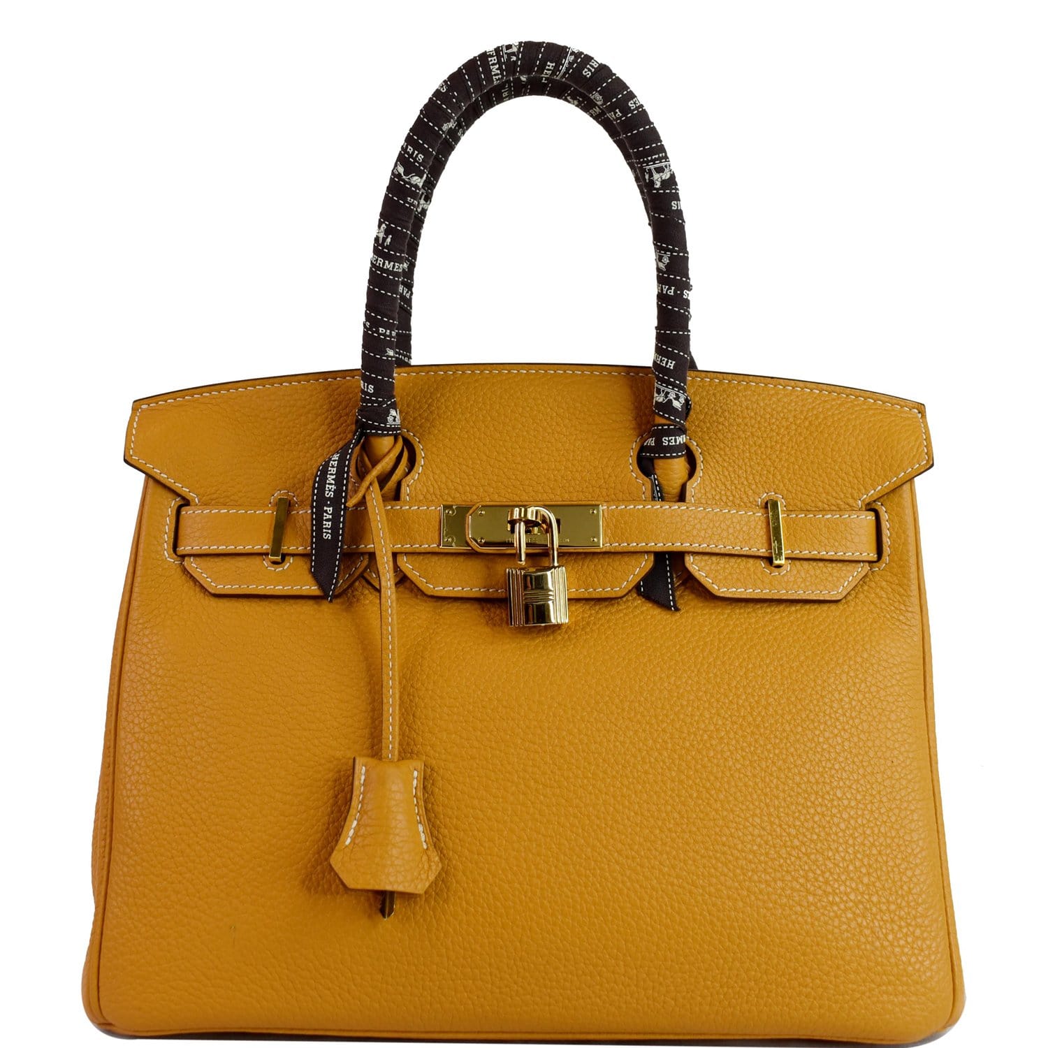 HERMES Birkin 30cm 2014 Clemence Leather Tote Bag Mustard
