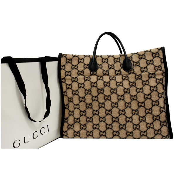 GUCCI GG Monogram Wool Tote Shoulder Bag Beige 598169