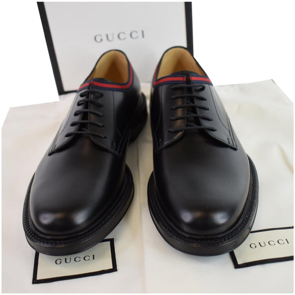Gucci Classic Web Lace Up Shiny Leather Shoes front view