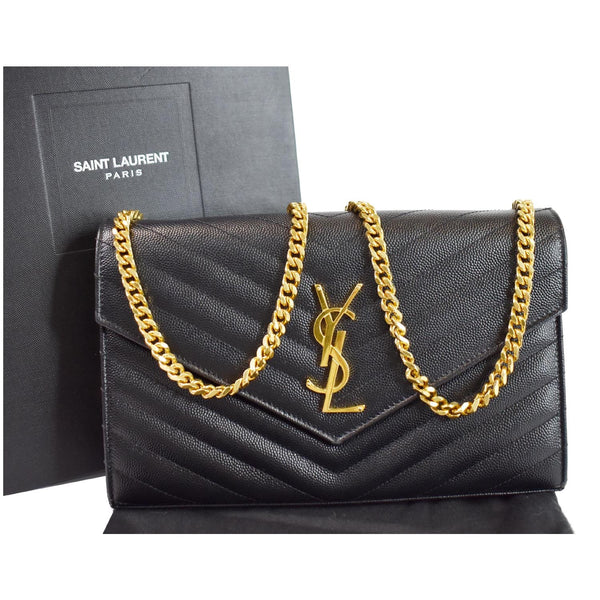 YVES SAINT LAURENT Matelasse Chevron Grain De Poudre Envelope Chain Wallet Black