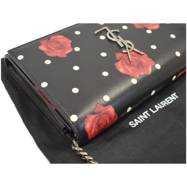 YVES SAINT LAURENT Kate Monogram Polka Rose Print Leather Chain Wallet Black - Final Sale