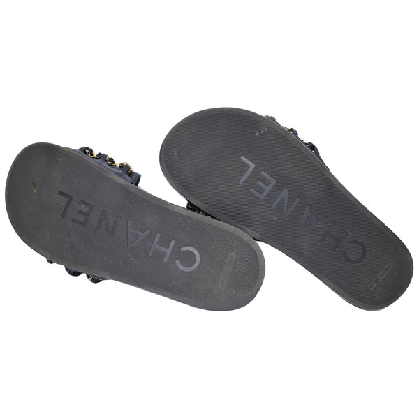 CHANEL Tropiconic Chain Fabric Mules Slides Sandals Black US 8