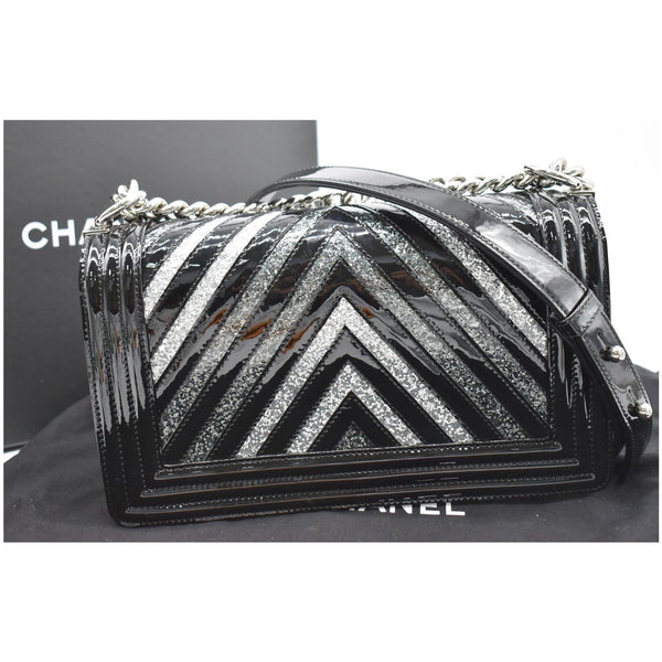 CHANEL Medium Boy Chevron Patent Glitter PVC Shoulder Bag Black