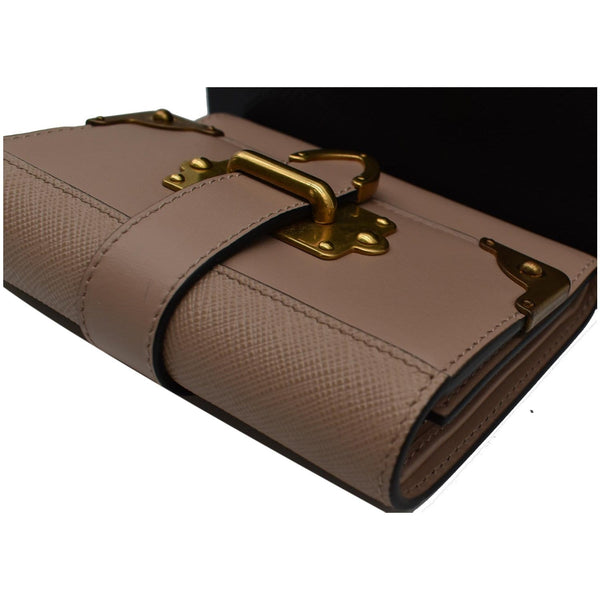 PRADA Cahier Saffiano French Compact Flap Wallet Beige