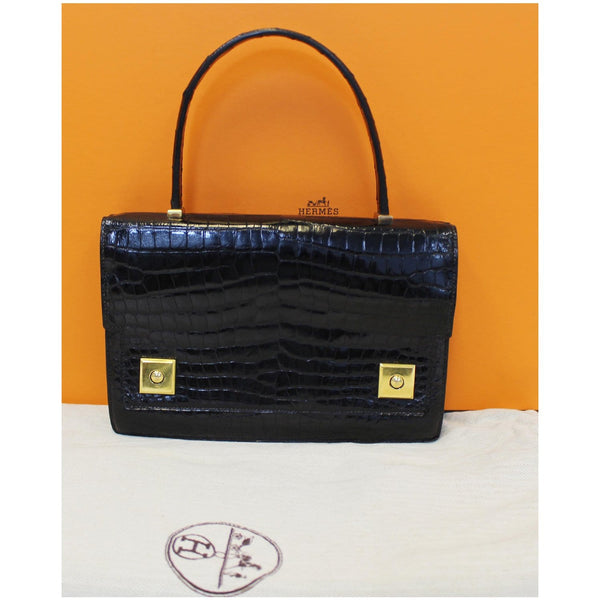 HERMES Piano 25Cm Crocodile Leather Flap Bag Black-US