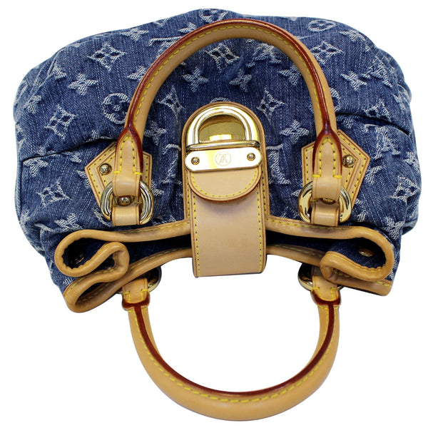 LOUIS VUITTON Pleaty Monogram Denim Satchel Bag Blue