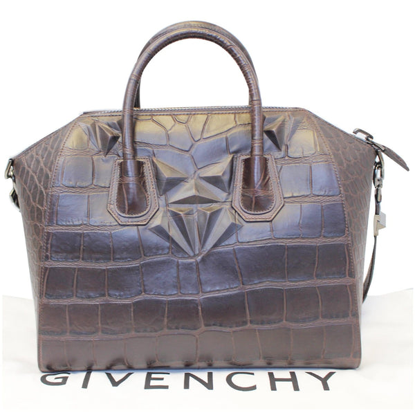 GIVENCHY Antigona Medium Croc Embossed Leather Satchel Shoulder Bag Brown
